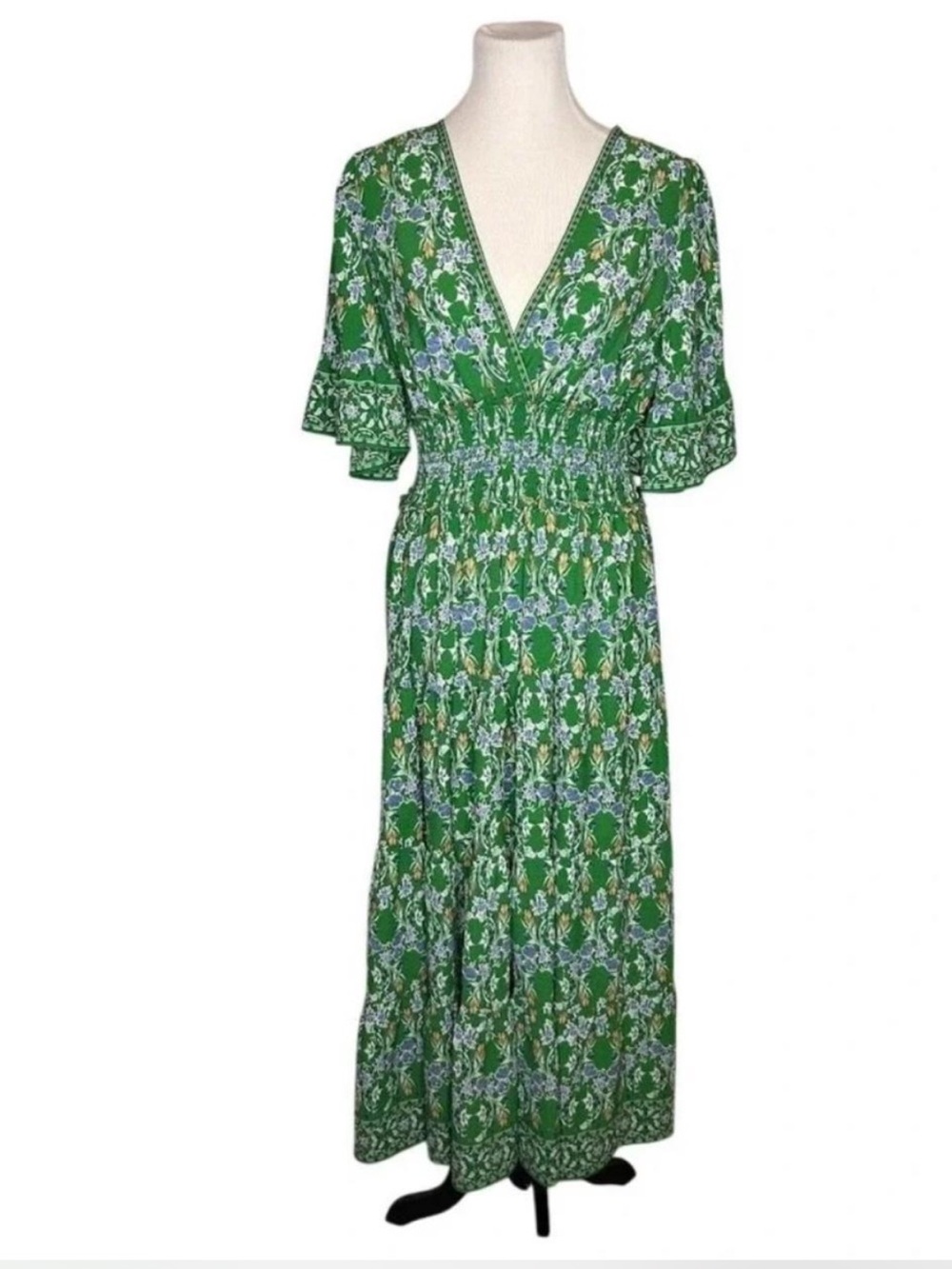 Max Studio Green Floral Smocked Waist Tiered Maxi Dress. Size M